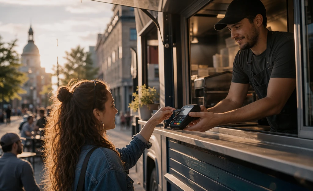 Food-truck owner taking a customer's tap payment on a handheld terminal at the service window