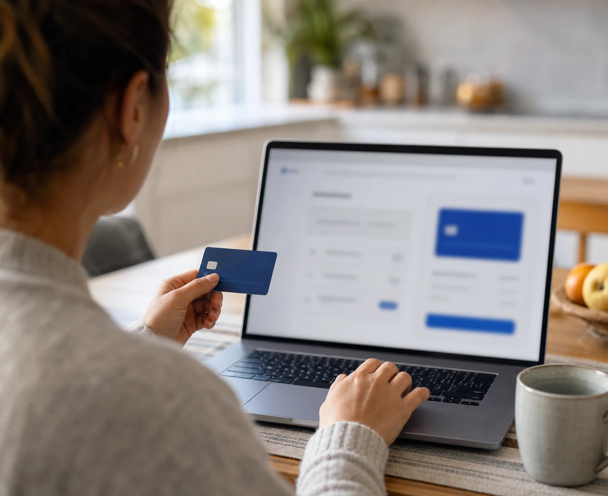 Woman holding a credit card while completing an online payment on a laptop