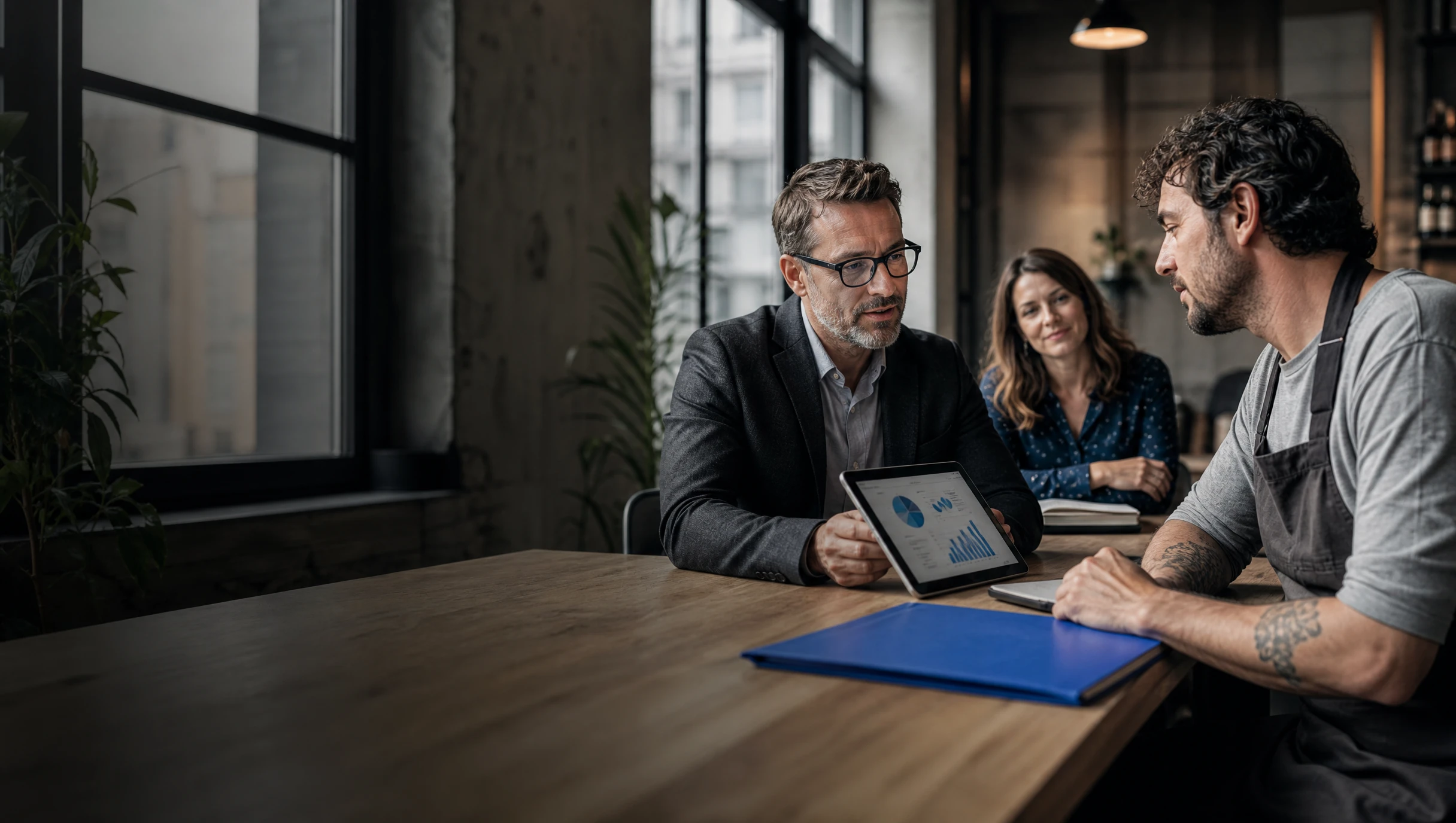 SimplyPay broker showing two business owners their payment numbers on a tablet across a table